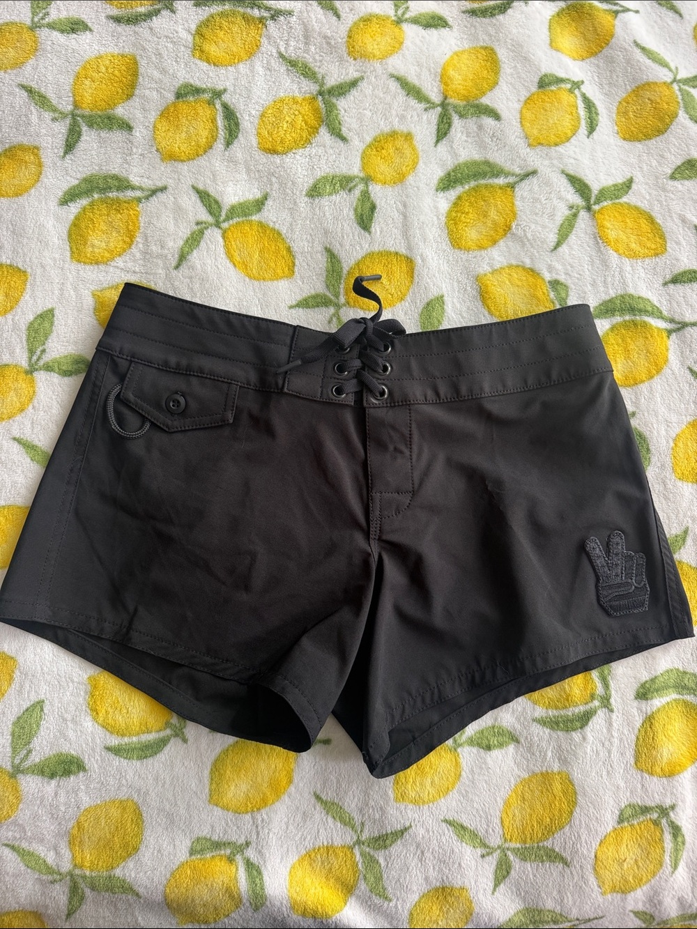 Birdwell Black Lace-Up Athletic Shorts with Subtle Patch